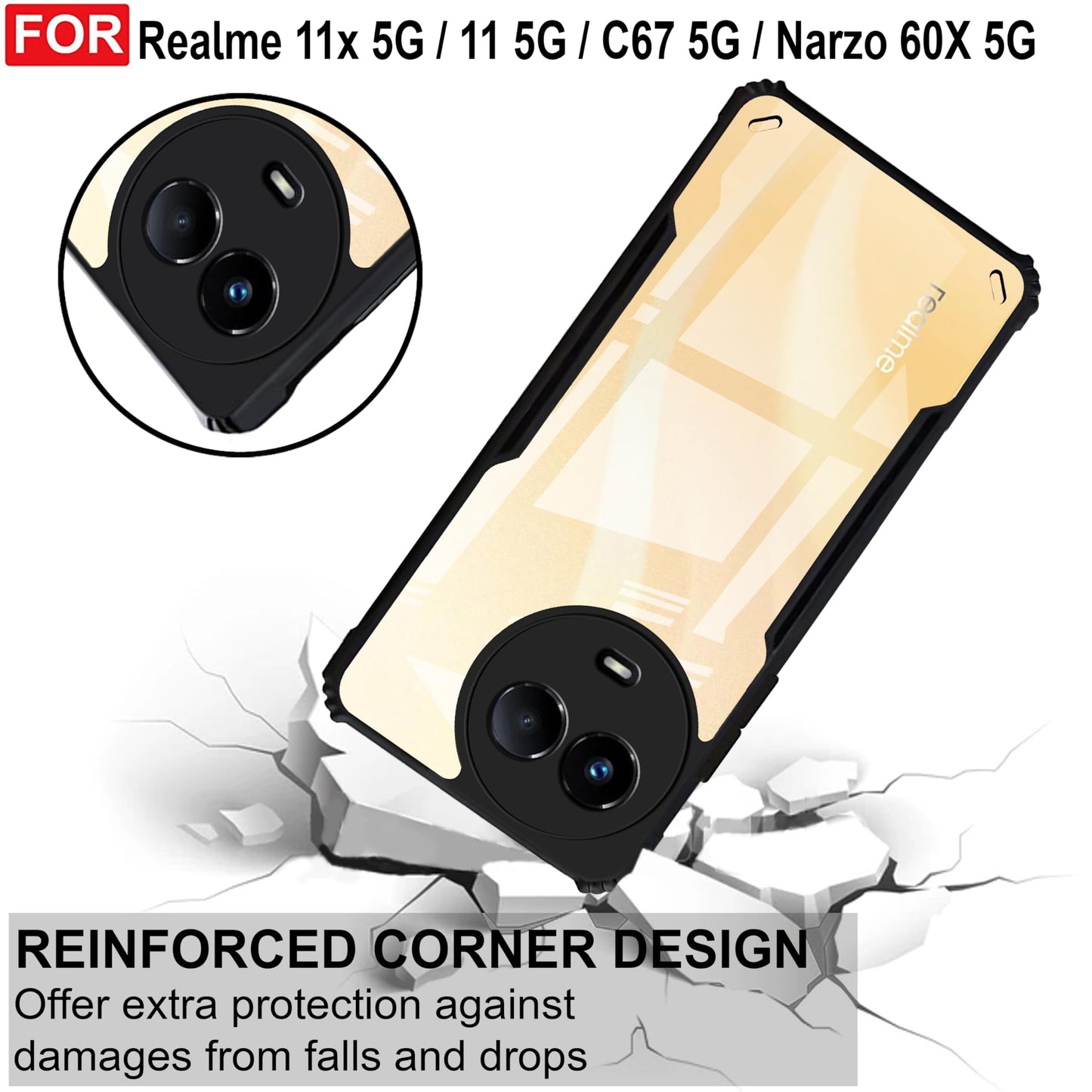 VAKIBO Super Premium Black Border Transparent Case With Corner Protection & Camera Protection Suitable for Realme Narzo 60x 5G