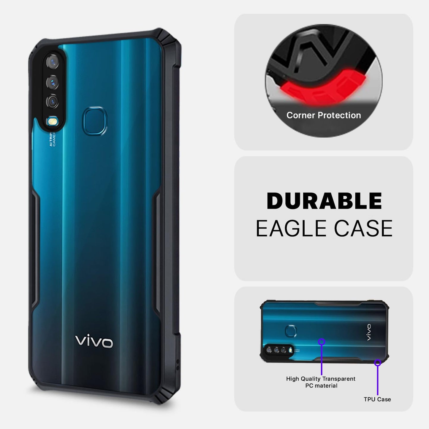 VAKIBO Best Selling Black and Transparent Coloured Made With Soft TPU and Acrylic Back Cover Case With 4 Corner and Camera Protection Suitable for Vivo Y17