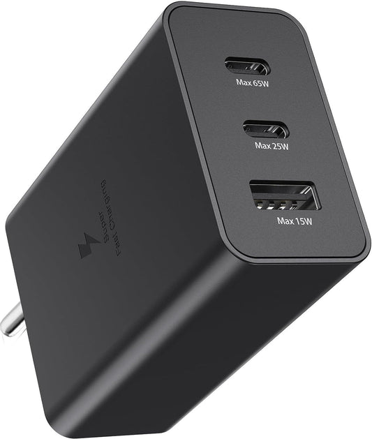 65W PD Power Adapter Trio USB-C 3 Port, USB-A Port Super Fast Charger Advanced Charging Technology Compatible with All Samsung Galaxy Devices