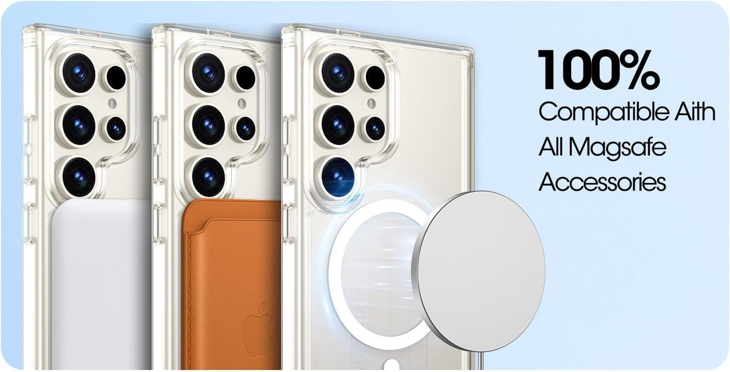 VAKIBO Megnatic Magsafe White Coloured Soft with Hard back Back Cover Case With Camera Protection Ring Suitable for Samsung S24 Ultra