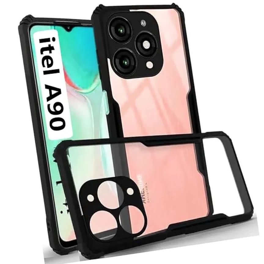 VAKIBO Best Selling Black and Transparent Coloured Made With Soft TPU and Acrylic Back Cover Case With 4 Corner and Camera Protection Suitable for iTel A90