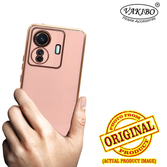 VAKIBO Golden Chrome Border Peach Coloured Soft TPU Back Cover Case With Camera Protection Suitable for Vivo T1 Pro