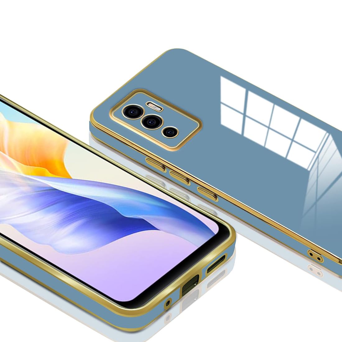VAKIBO Golden Chrome Border Steel Blue Coloured Soft TPU Back Cover Case With Camera Protection Suitable for Vivo V23e