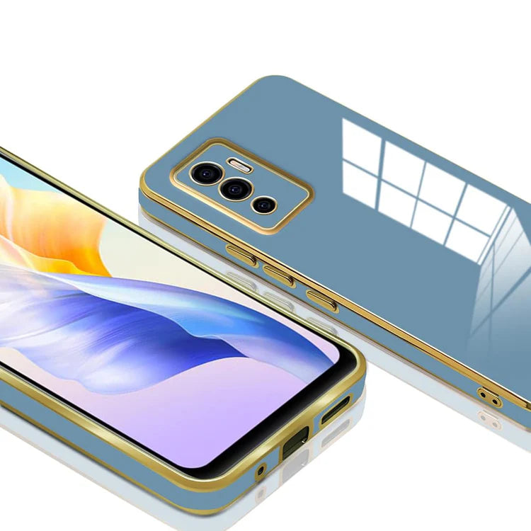 VAKIBO Golden Chrome Border Steel Blue Coloured Soft TPU Back Cover Case With Camera Protection Suitable for Vivo V23e 5G