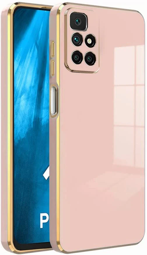 VAKIBO Golden Chrome Border Peach Coloured Soft TPU Back Cover Case With Camera Protection Suitable for Mi Redmi 10 Prime 