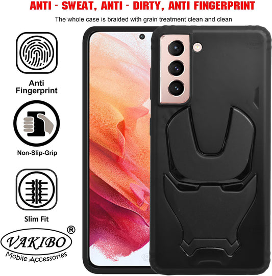 VAKIBO Iron Man 3D Mask Design Black Coloured Soft TPU Back Cover Case With Camera Protection Ring Suitable for Samsung Galaxy S21