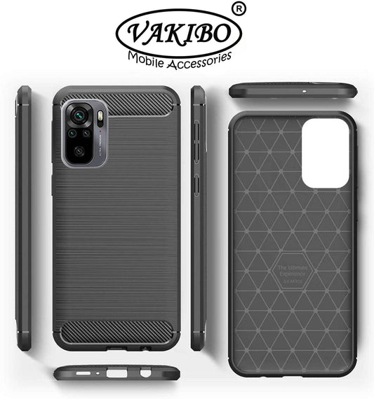 VAKIBO Carbon Fiber Brushed Black Coloured Soft TPU Back Cover Case With Camera Protection Ring Suitable for MI Redmi Note 10