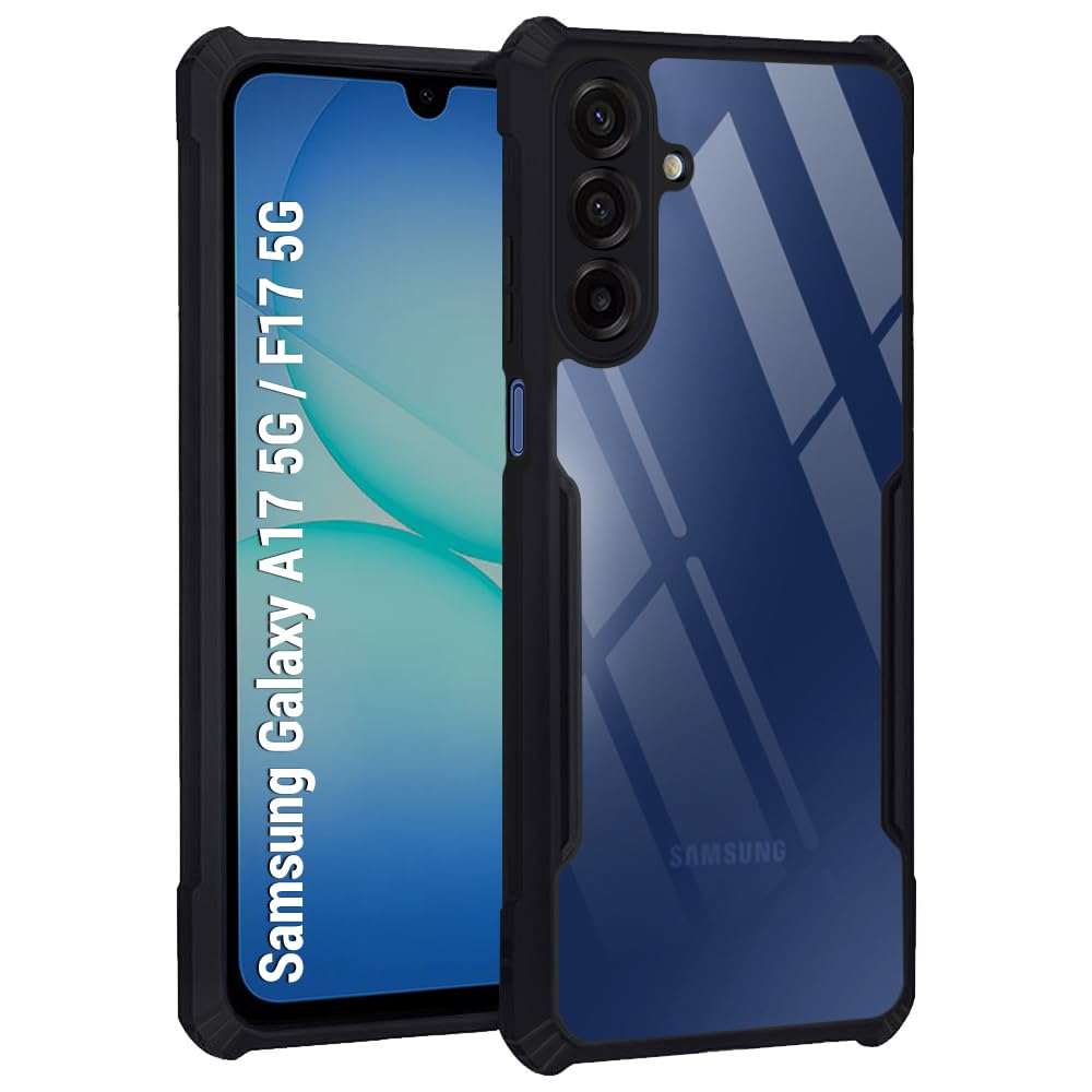 VAKIBO Best Selling Black and Transparent Coloured Made With Soft TPU and Acrylic Back Cover Case With 4 Corner and Camera Protection Suitable for Samsung Galaxy F17