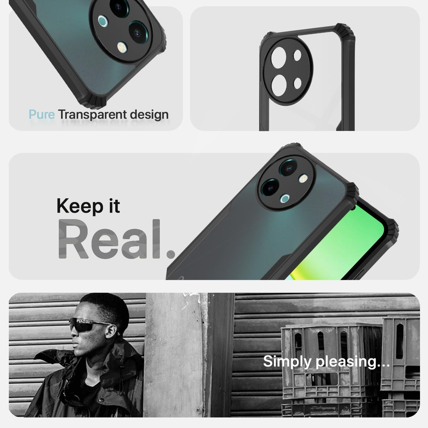VAKIBO Best Selling Black and Transparent Coloured Made With Soft TPU and Acrylic Back Cover Case With 4 Corner and Camera Protection Suitable for Vivo Y38