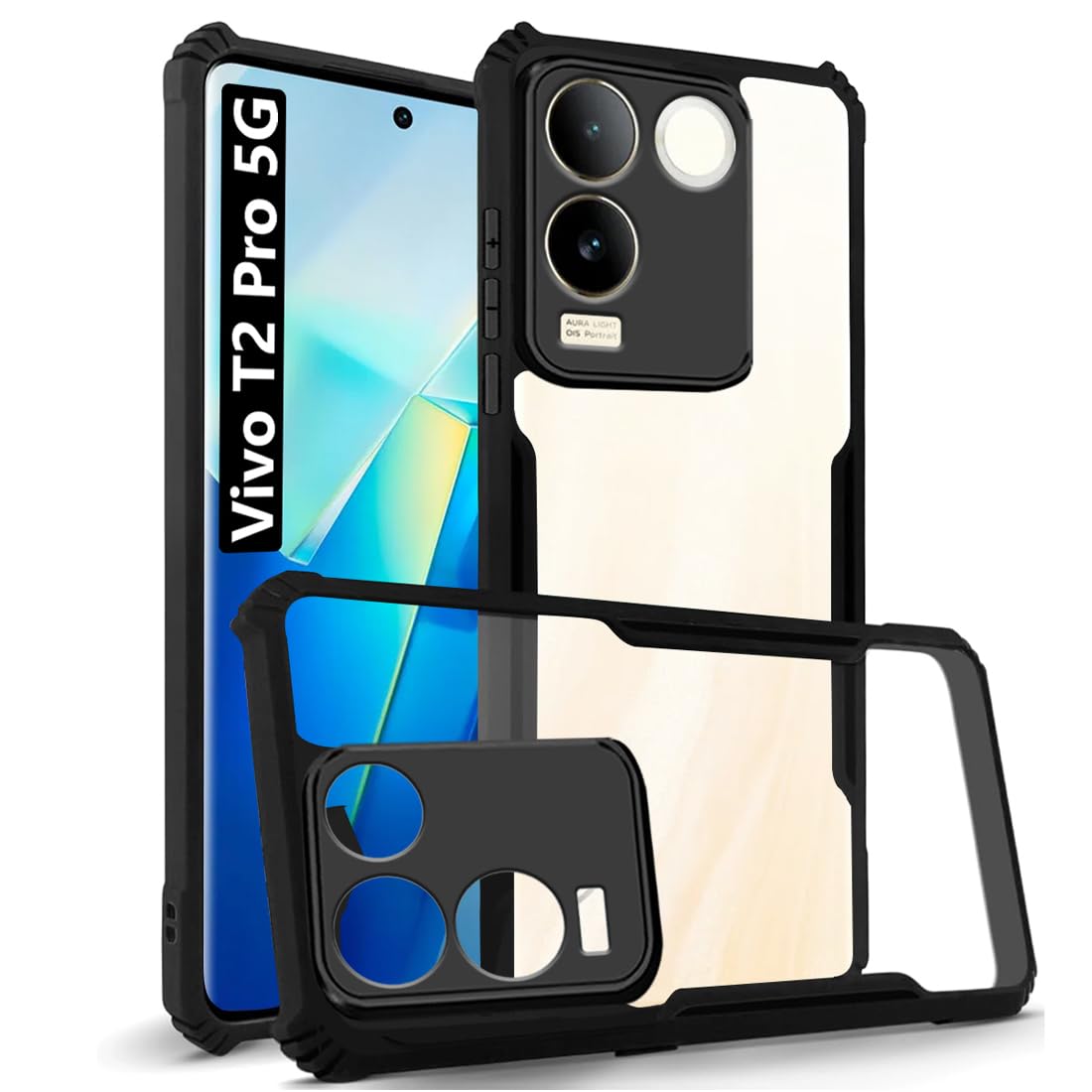VAKIBO Super Premium Black Border Transparent Case With Corner Protection & Camera Protection Suitable for Vivo T2 Pro 5G