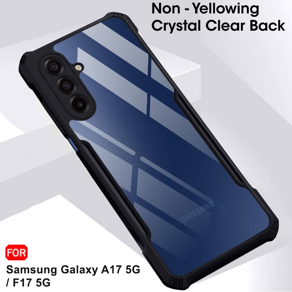 VAKIBO Best Selling Black and Transparent Coloured Made With Soft TPU and Acrylic Back Cover Case With 4 Corner and Camera Protection Suitable for Samsung Galaxy F17