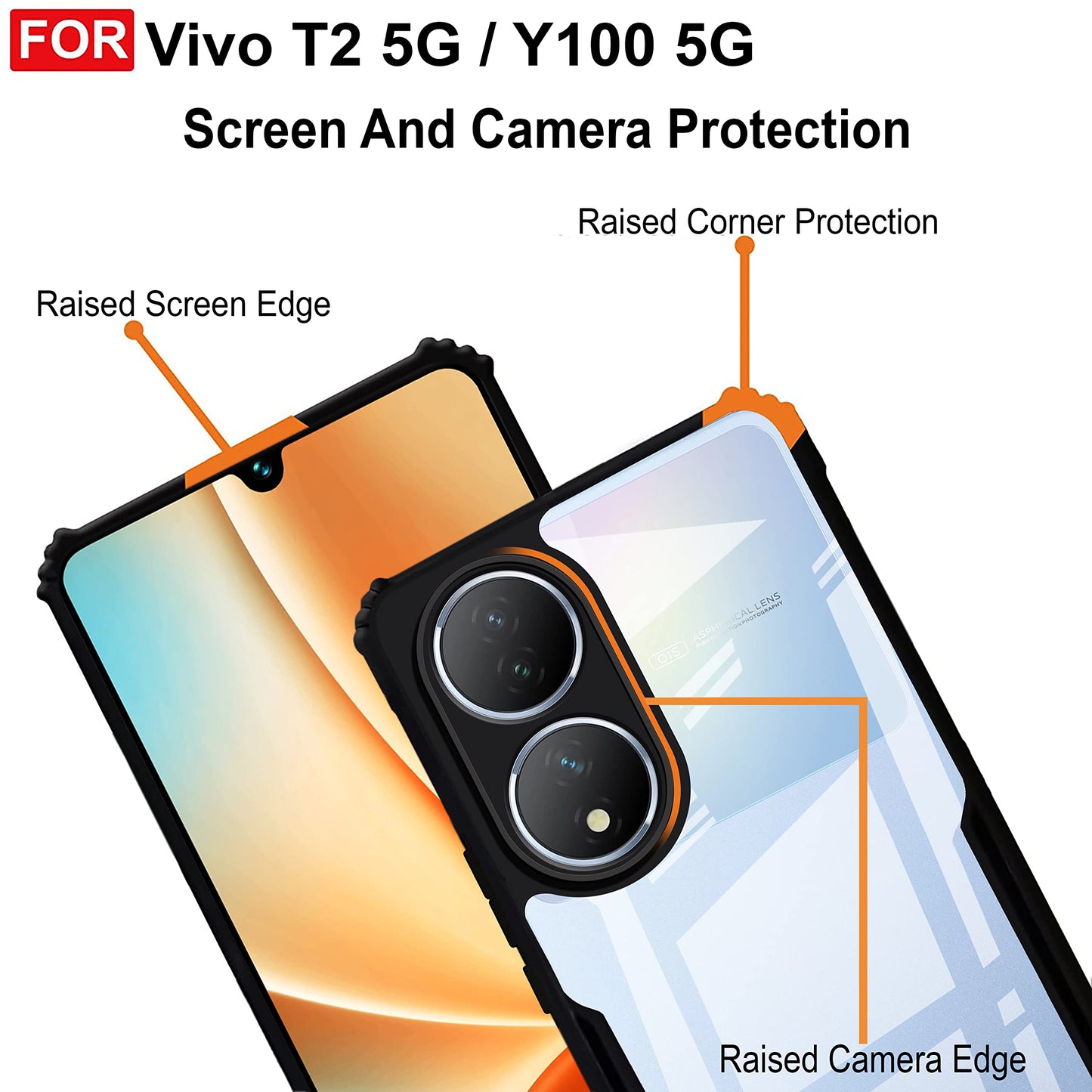 VAKIBO Super Premium Black Border Transparent Case With Corner Protection & Camera Protection Suitable for Vivo T2 5G