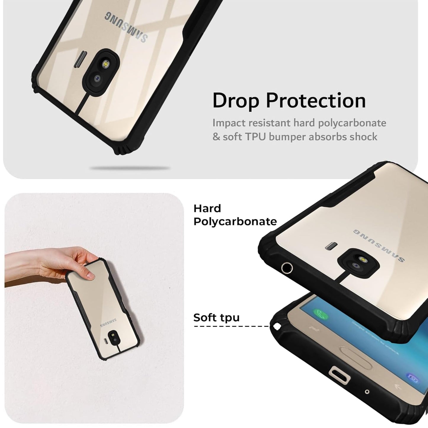 VAKIBO Best Selling Black and Transparent Coloured Made With Soft TPU and Acrylic Back Cover Case With 4 Corner and Camera Protection Suitable for Samsung Galaxy J2 2018