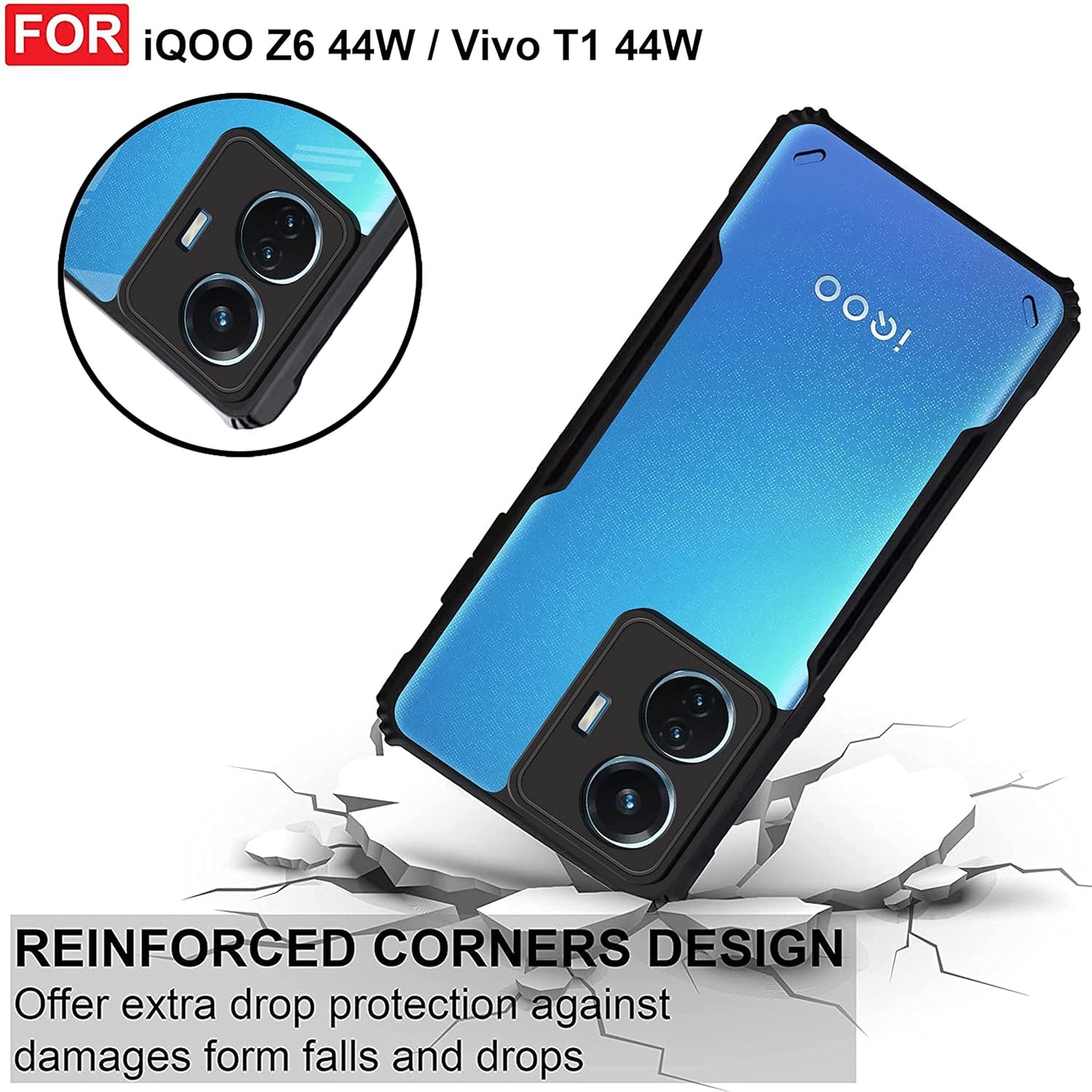 VAKIBO Best Selling Black and Transparent Coloured Made With Soft TPU and Acrylic Back Cover Case With 4 Corner and Camera Protection Suitable for Vivo T1 44W