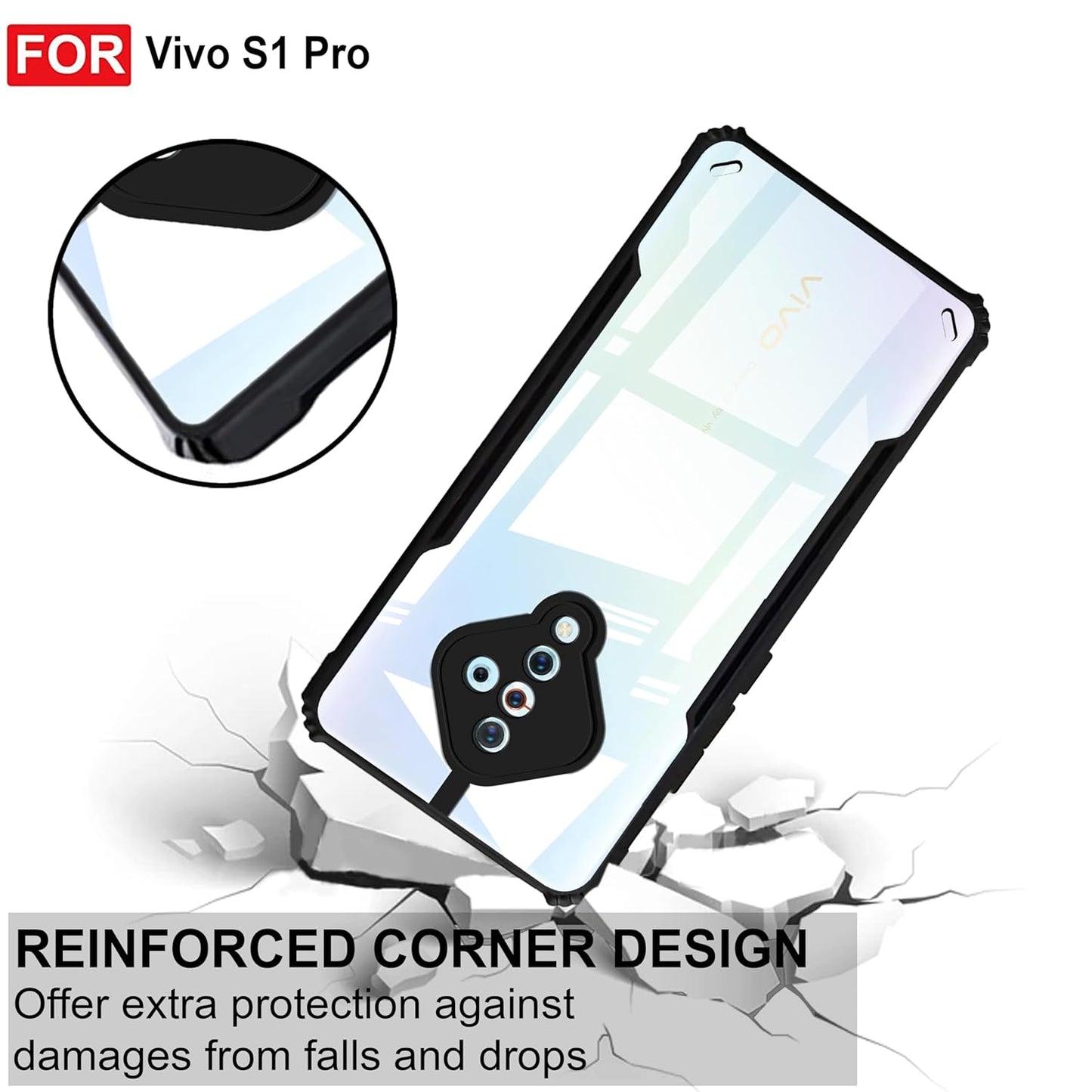 VAKIBO Best Selling Black and Transparent Coloured Made With Soft TPU and Acrylic Back Cover Case With 4 Corner and Camera Protection Suitable for Vivo S1 Pro