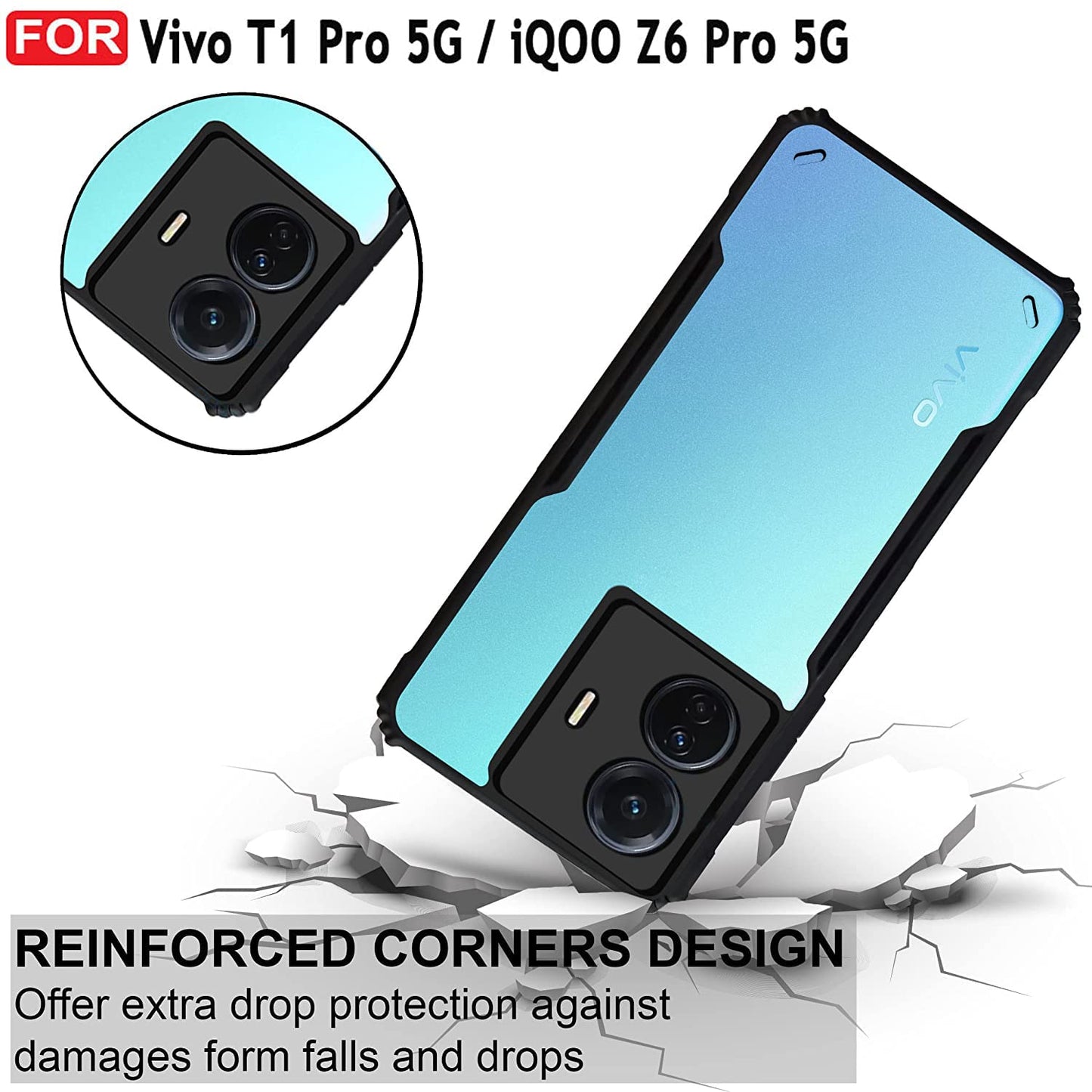 VAKIBO Super Premium Black Border Transparent Case With Corner Protection & Camera Protection Suitable for Vivo T1 Pro 5G