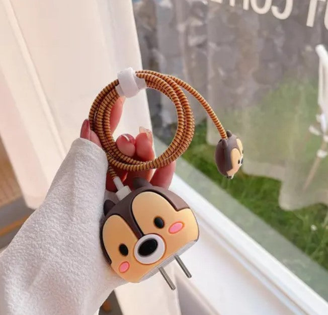Cute 3D Cartoon Design Silicone Charger Cover Case for 18W-20W iPhone Only|360 Degree Protection and Cable Spiral (Brown Squirrel)
