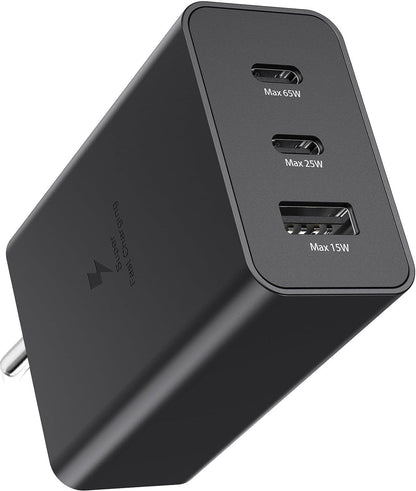 65W PD Power Adapter Trio USB-C 3 Port, USB-A Port Super Fast Charger Advanced Charging Technology Compatible with All Samsung Galaxy Devices