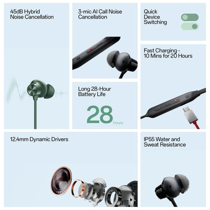 OnePlus Bullets Wireless Z2 ANC Bluetooth in Ear Earphones with Mic, ANC, Bombastic Bass, 10 Mins Charge - 20 Hrs Music, 28 Hrs Battery