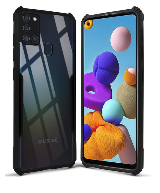 VAKIBO Best Selling Black and Transparent Back Cover Case Made With Soft TPU and Acrylic With 4 Corner and Camera Protection Suitable for Samsung Galaxy A21S