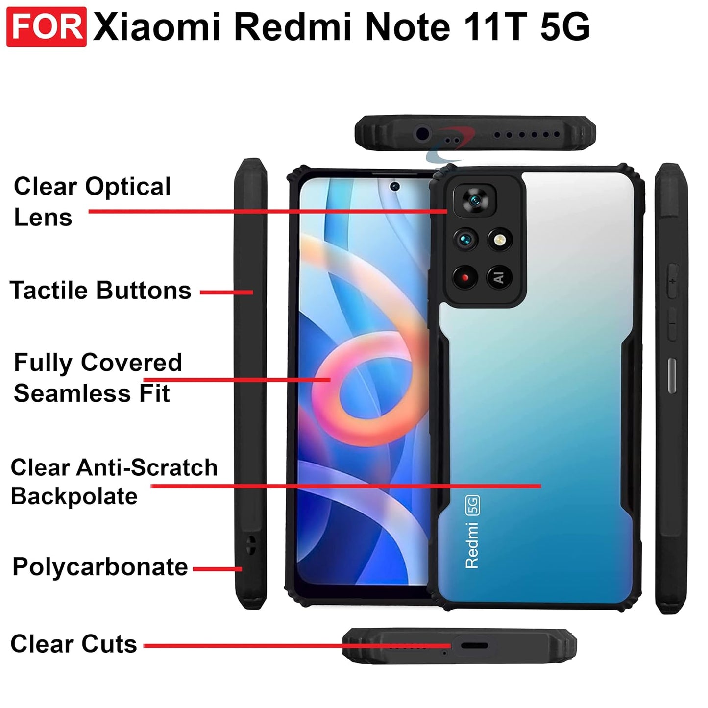 VAKIBO Best Selling Black and Transparent Coloured Made With Soft TPU and Acrylic Back Cover Case With 4 Corner and Camera Protection Suitable for Mi Redmi Note 11T