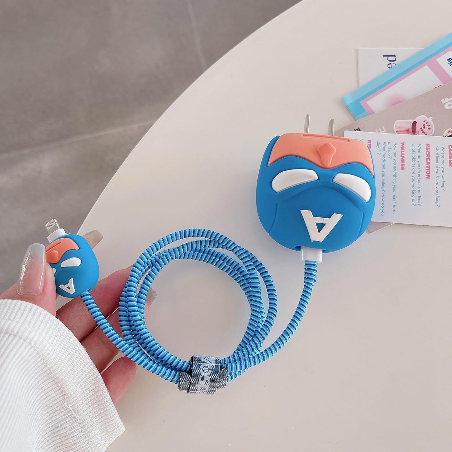 Cute Silicone Charger Case Cover with 360-degree Full Protection Cartoon Design Suitable for iPhone for 18-20W ,Adapter Charger Cover (blue superhero)