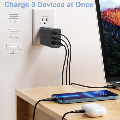 65W PD Power Adapter Trio USB-C 3 Port, USB-A Port Super Fast Charger Advanced Charging Technology Compatible with All Samsung Galaxy Devices