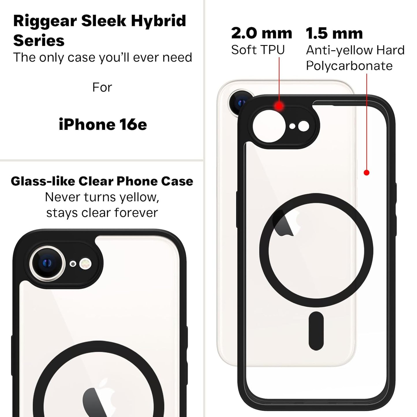 VAKIBO Megnatic Magsafe Black Coloured Soft with Hard back Back Cover Case With Camera Protection Ring Suitable for iPhone 16E