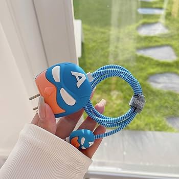 Cute Silicone Charger Case Cover with 360-degree Full Protection Cartoon Design Suitable for iPhone for 18-20W ,Adapter Charger Cover (blue superhero)