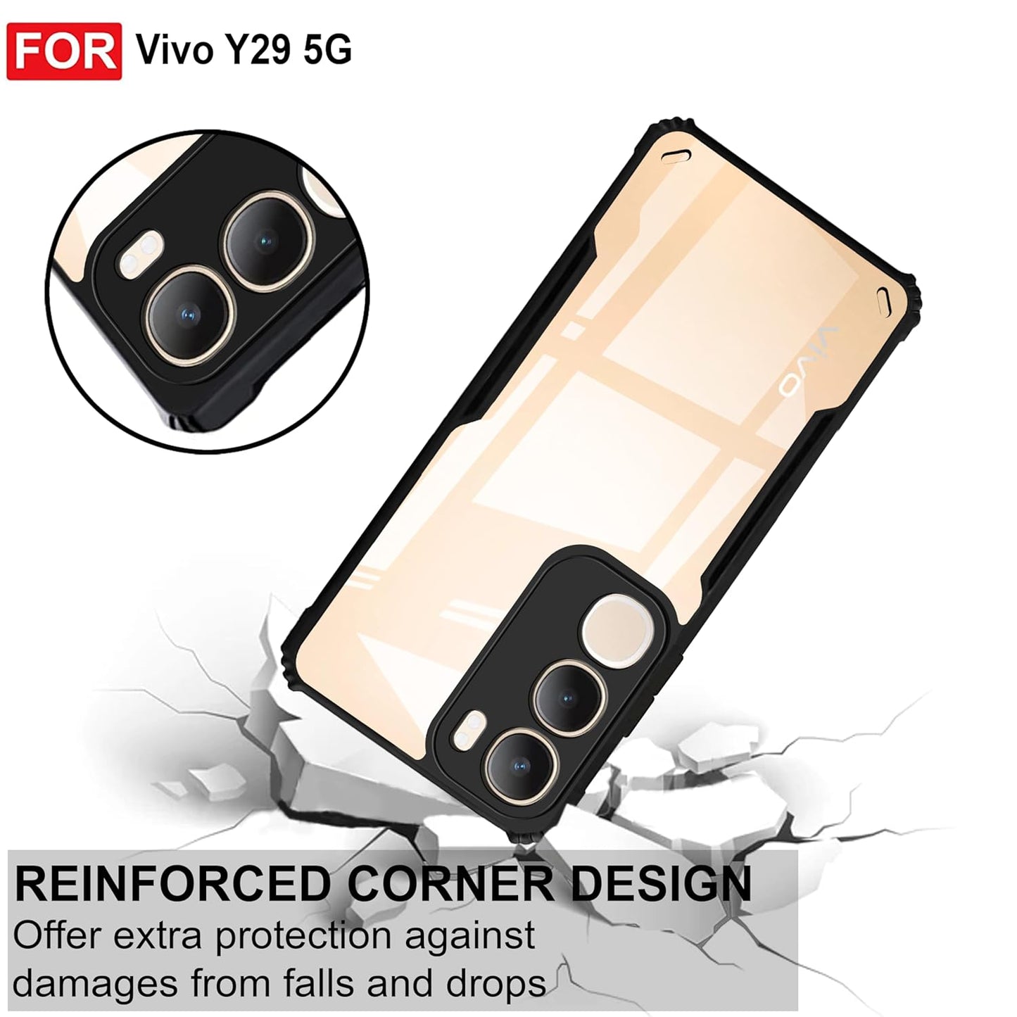VAKIBO Best Selling Black and Transparent Coloured Made With Soft TPU and Acrylic Back Cover Case With 4 Corner and Camera Protection Suitable for Vivo Y29