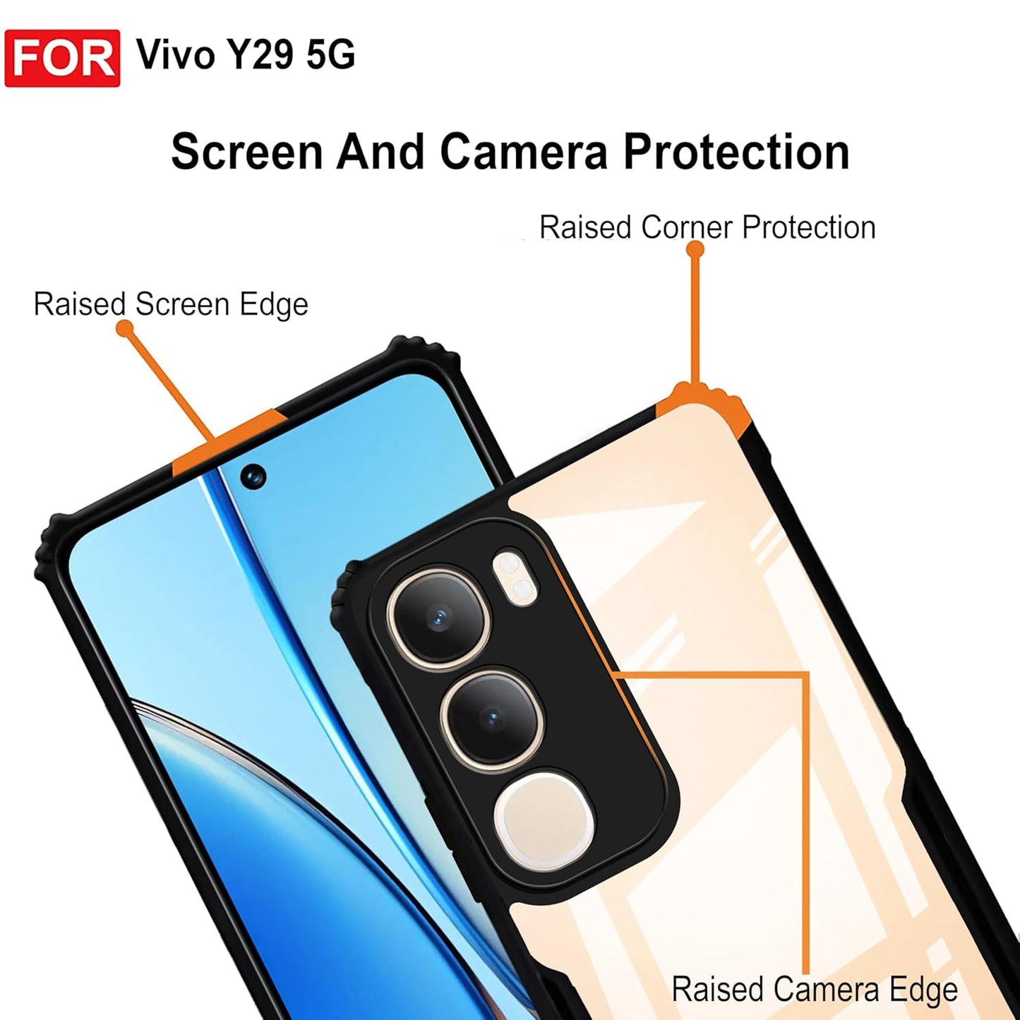 VAKIBO Best Selling Black and Transparent Coloured Made With Soft TPU and Acrylic Back Cover Case With 4 Corner and Camera Protection Suitable for Vivo Y29