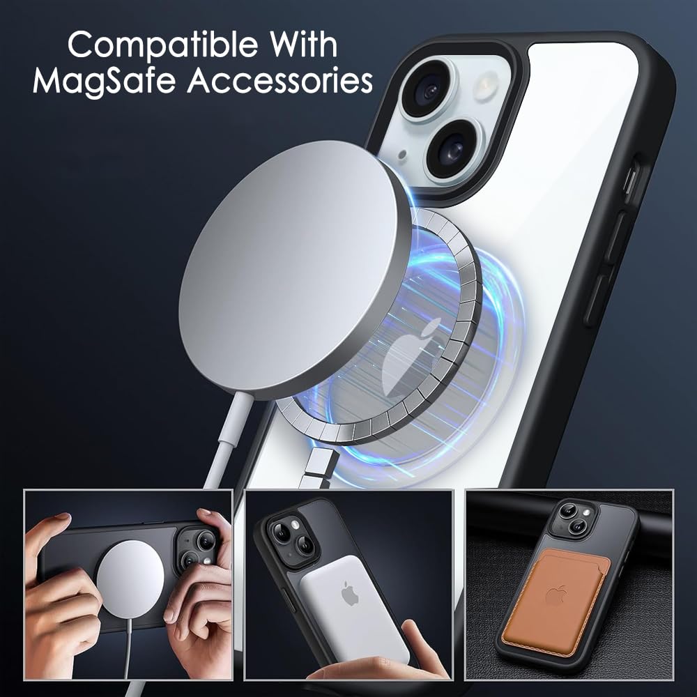 VAKIBO Megnatic Magsafe Transparent Soft with Hard back Back Cover Case With Camera Protection Ring Suitable for Apple iPhone 15