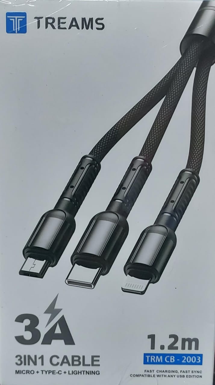 USB To Micro+Type-C+Lightning 3A Cable 1.2M Treams CB 2003