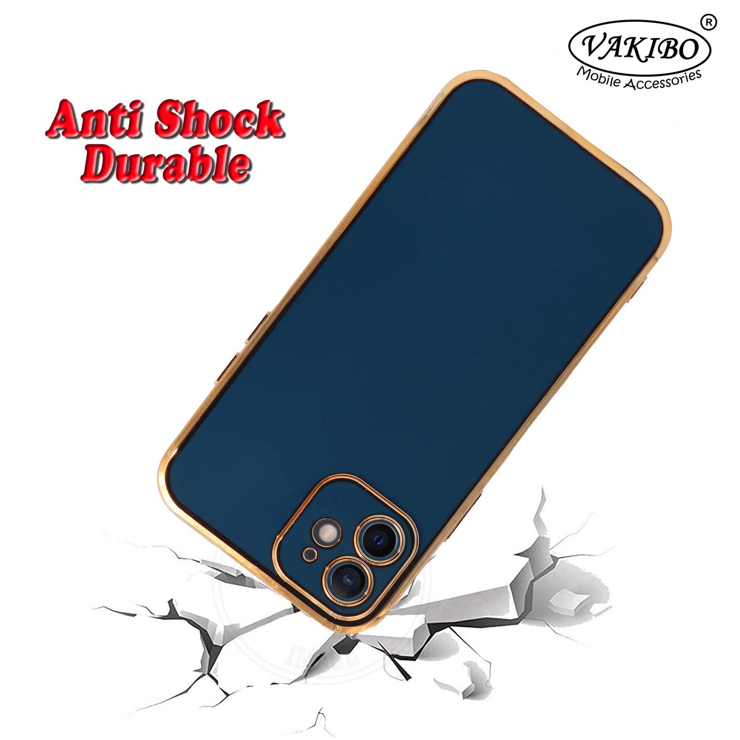 VAKIBO Golden Chrome Border Dark Blue Coloured Soft TPU Back Cover Case With Camera Protection Suitable for iPhone 12