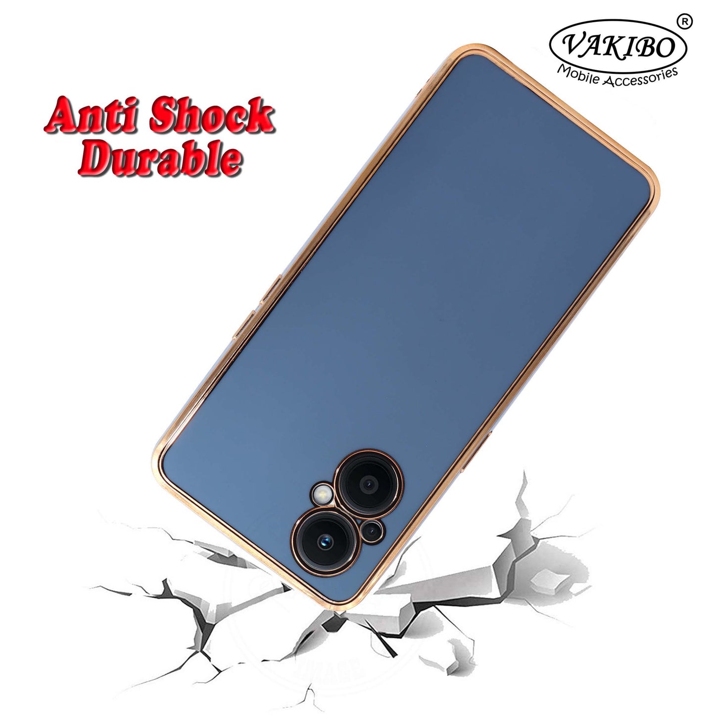 VAKIBO Golden Chrome Border Steel Blue Coloured Soft TPU Back Cover Case With Camera Protection Suitable for Oppo F21 Pro