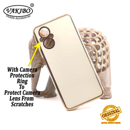 VAKIBO Golden Chrome Border White Coloured Soft TPU Back Cover Case With Camera Protection Suitable for Oppo F21 Pro