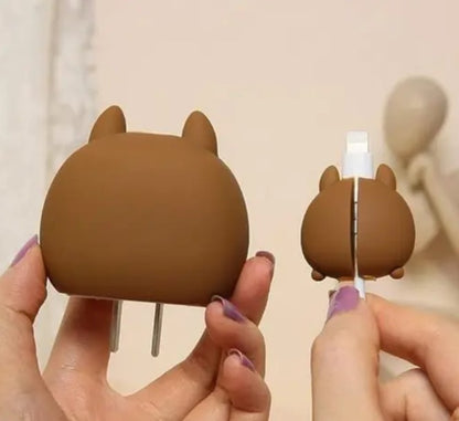 Cute 3D Cartoon Design Silicone Charger Cover Case for 18W-20W iPhone Only|360 Degree Protection and Cable Spiral (Brown Squirrel)