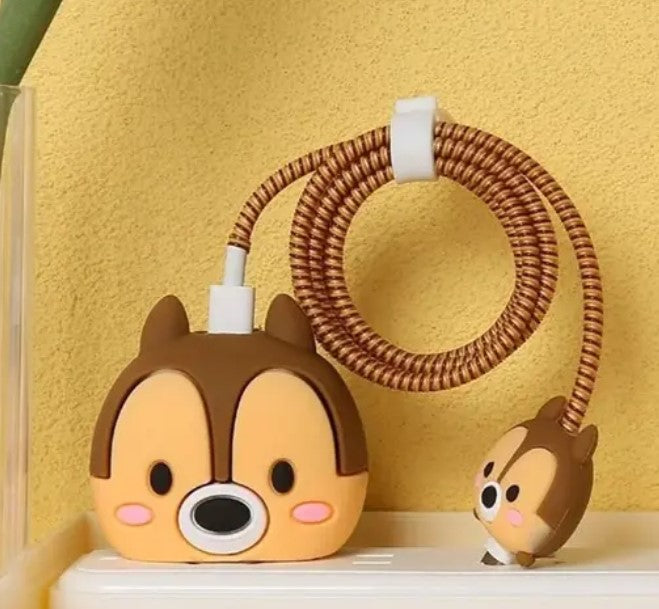 Cute 3D Cartoon Design Silicone Charger Cover Case for 18W-20W iPhone Only|360 Degree Protection and Cable Spiral (Brown Squirrel)