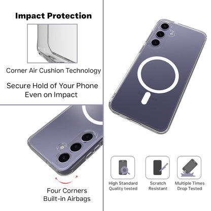 VAKIBO Megnatic Magsafe Transparent Coloured Soft with Hard back Back Cover Case With Camera Protection Ring Suitable for Samsung Galaxy S24