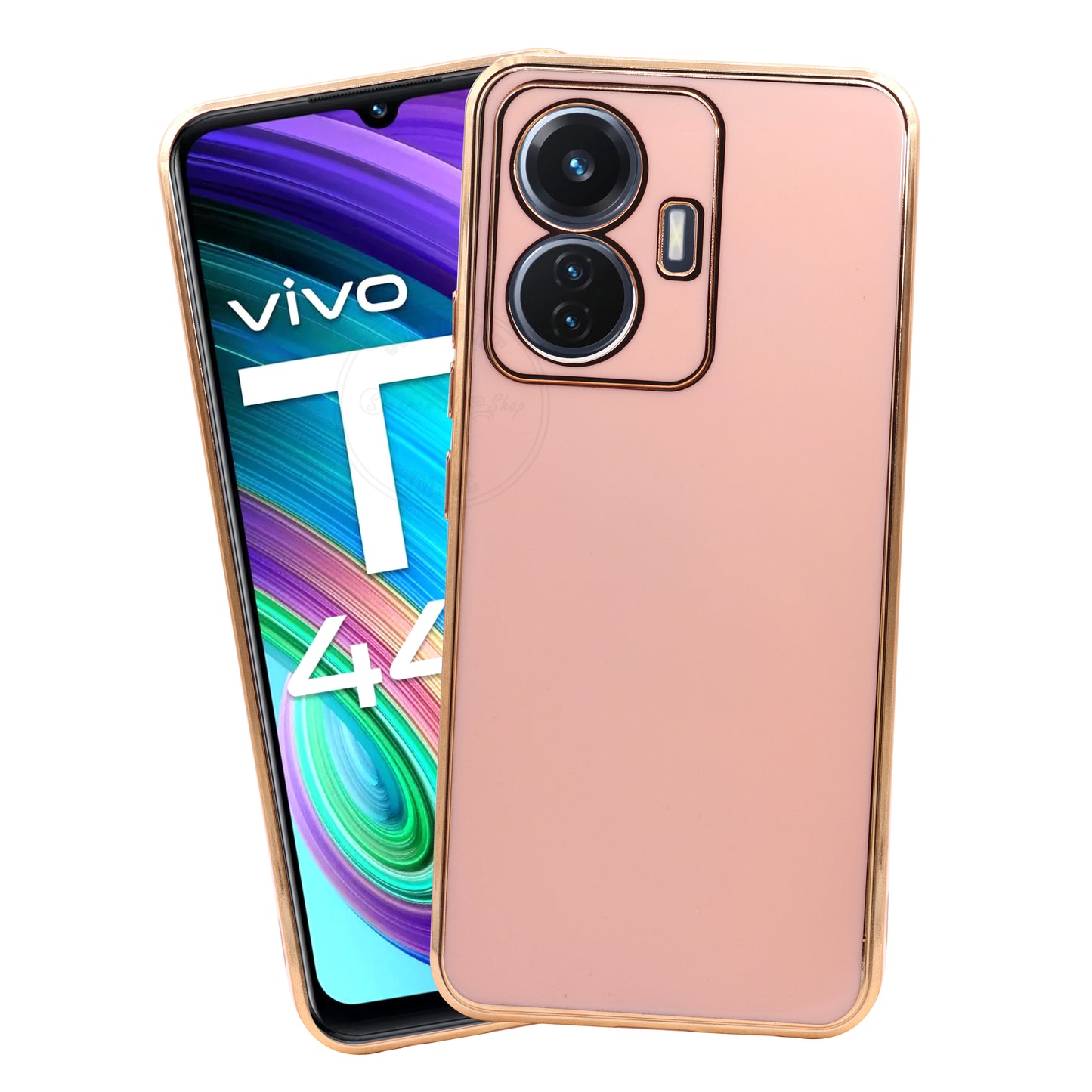 VAKIBO Golden Chrome Border Peach Coloured Soft TPU Back Cover Case With Camera Protection Suitable for Vivo T1 44W