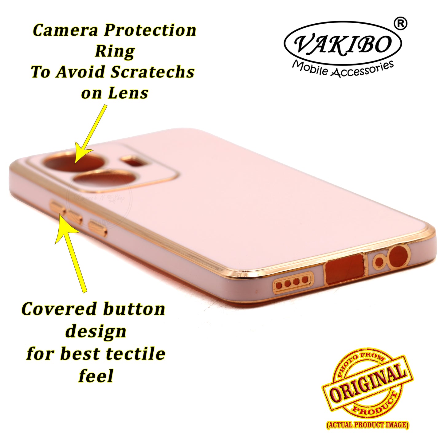 VAKIBO Golden Chrome Border Peach Coloured Soft TPU Back Cover Case With Camera Protection Suitable for Vivo T1 44W