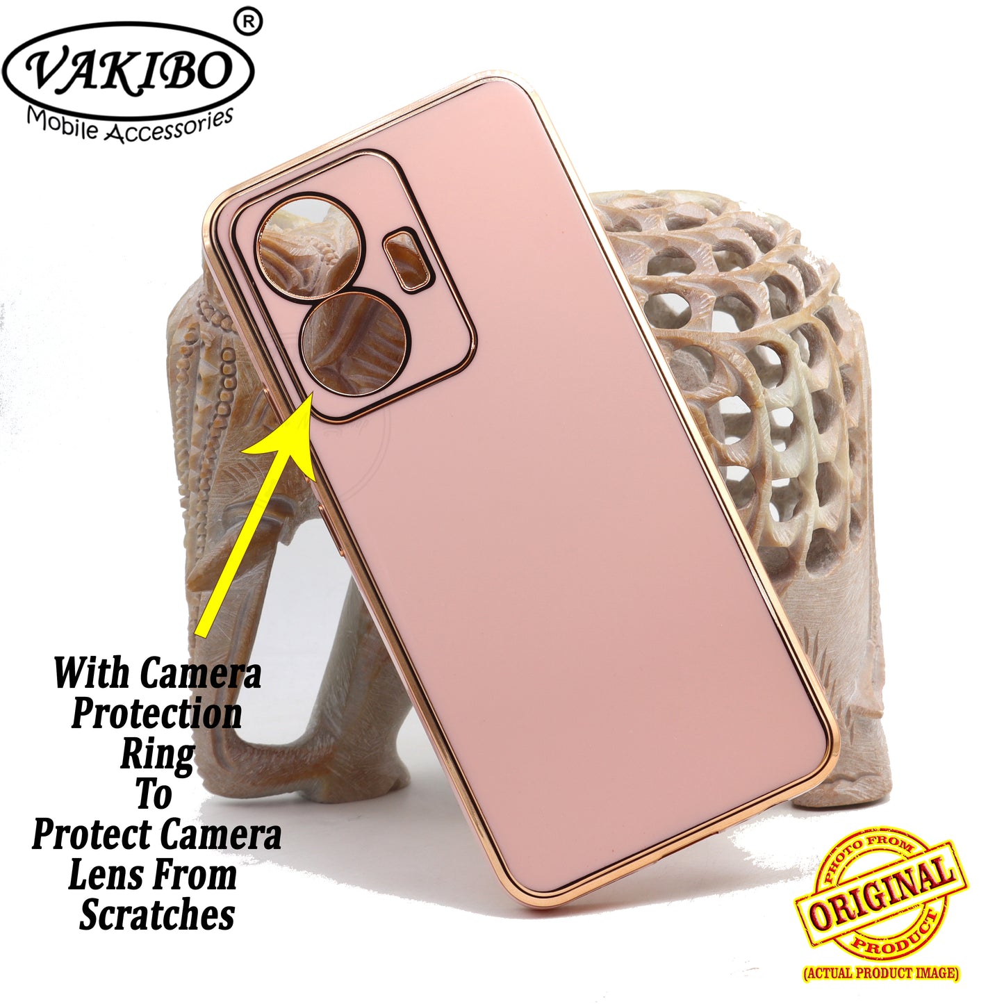 VAKIBO Golden Chrome Border Peach Coloured Soft TPU Back Cover Case With Camera Protection Suitable for Vivo T1 44W