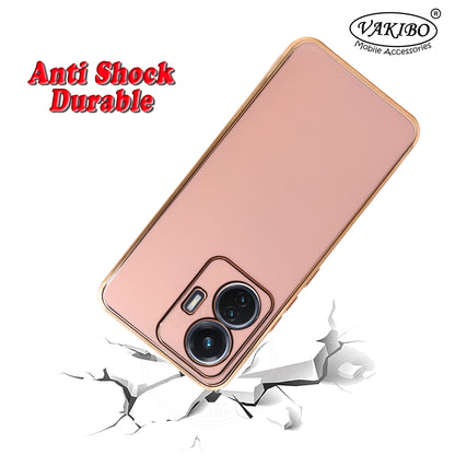 VAKIBO Golden Chrome Border Peach Coloured Soft TPU Back Cover Case With Camera Protection Suitable for Vivo T1 44W