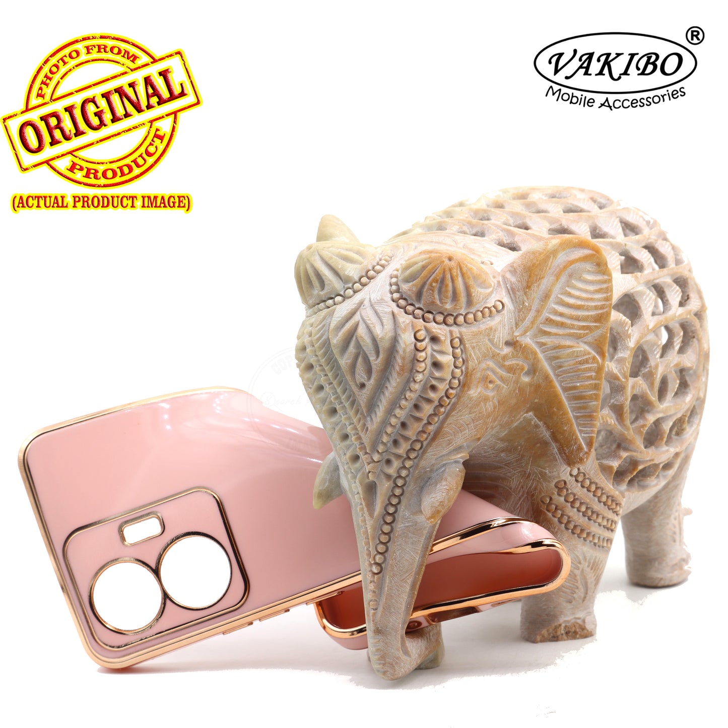 VAKIBO Golden Chrome Border Peach Coloured Soft TPU Back Cover Case With Camera Protection Suitable for Vivo T1 44W