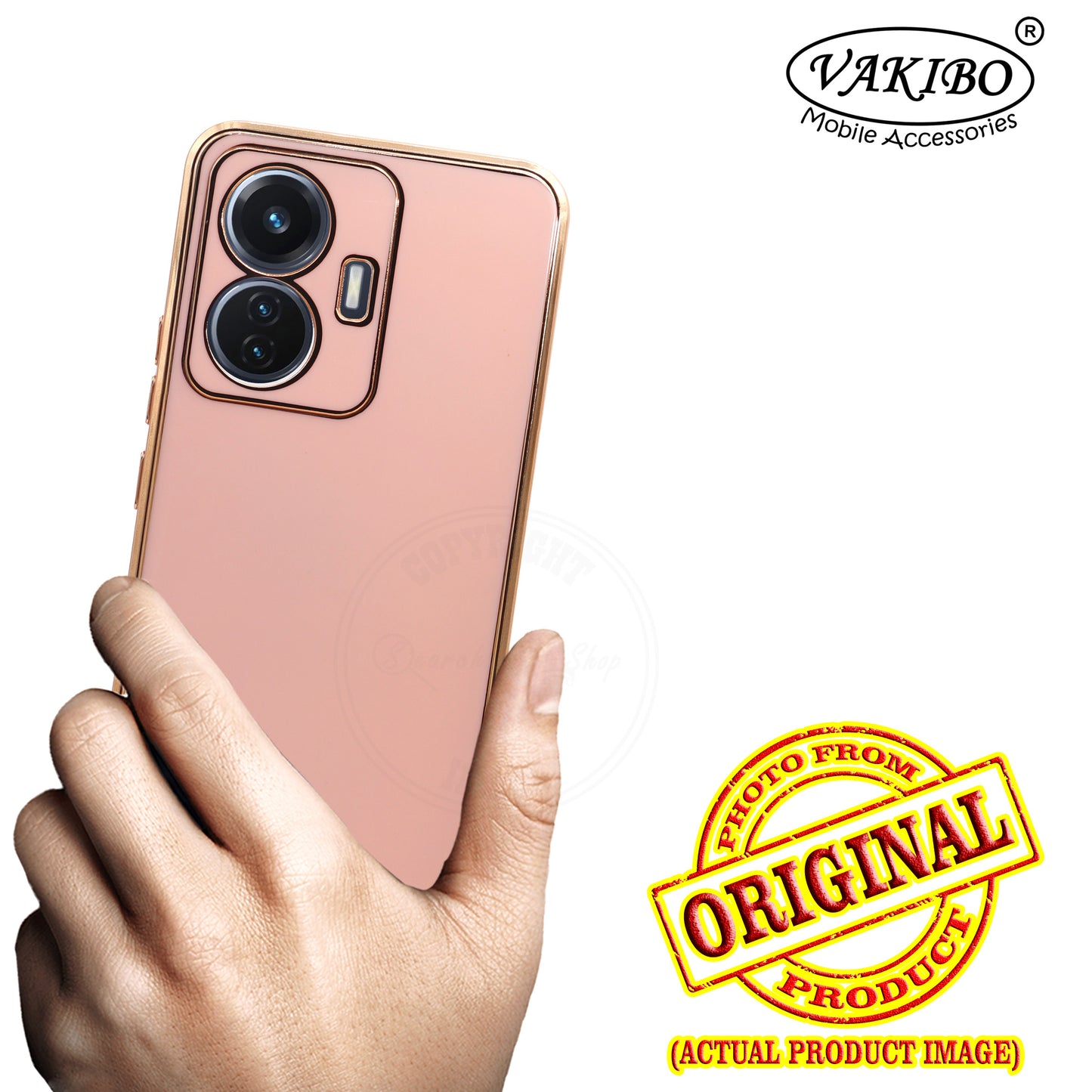 VAKIBO Golden Chrome Border Peach Coloured Soft TPU Back Cover Case With Camera Protection Suitable for Vivo T1 44W