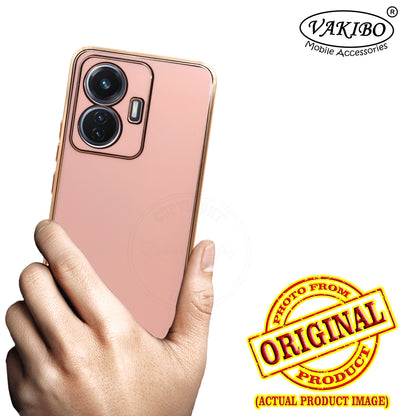 VAKIBO Golden Chrome Border Peach Coloured Soft TPU Back Cover Case With Camera Protection Suitable for Vivo T1 44W
