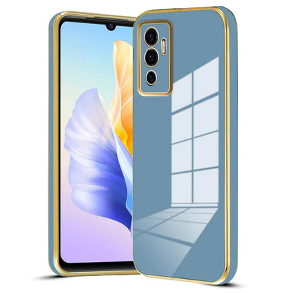 VAKIBO Golden Chrome Border Steel Blue Coloured Soft TPU Back Cover Case With Camera Protection Suitable for Vivo V23e 5G
