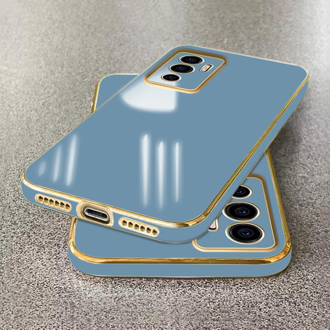 VAKIBO Golden Chrome Border Steel Blue Coloured Soft TPU Back Cover Case With Camera Protection Suitable for Vivo V23e
