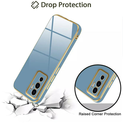 VAKIBO Golden Chrome Border Steel Blue Coloured Soft TPU Back Cover Case With Camera Protection Suitable for Vivo V23e 5G