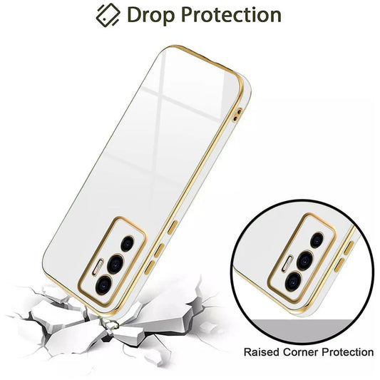 VAKIBO Golden Chrome Border White Coloured Soft TPU Back Cover Case With Camera Protection Suitable for Vivo V23e 5G